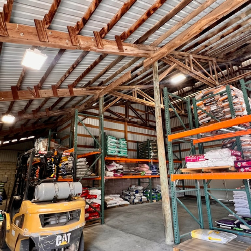 Feed and supplies inside of a warehouse